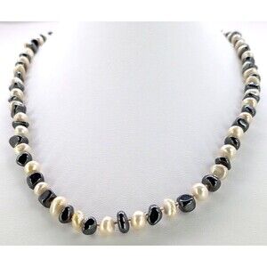 Vintage Pearl Hematite Beads Necklace Cream Gray Barrel Clasp Beaded 22in Read